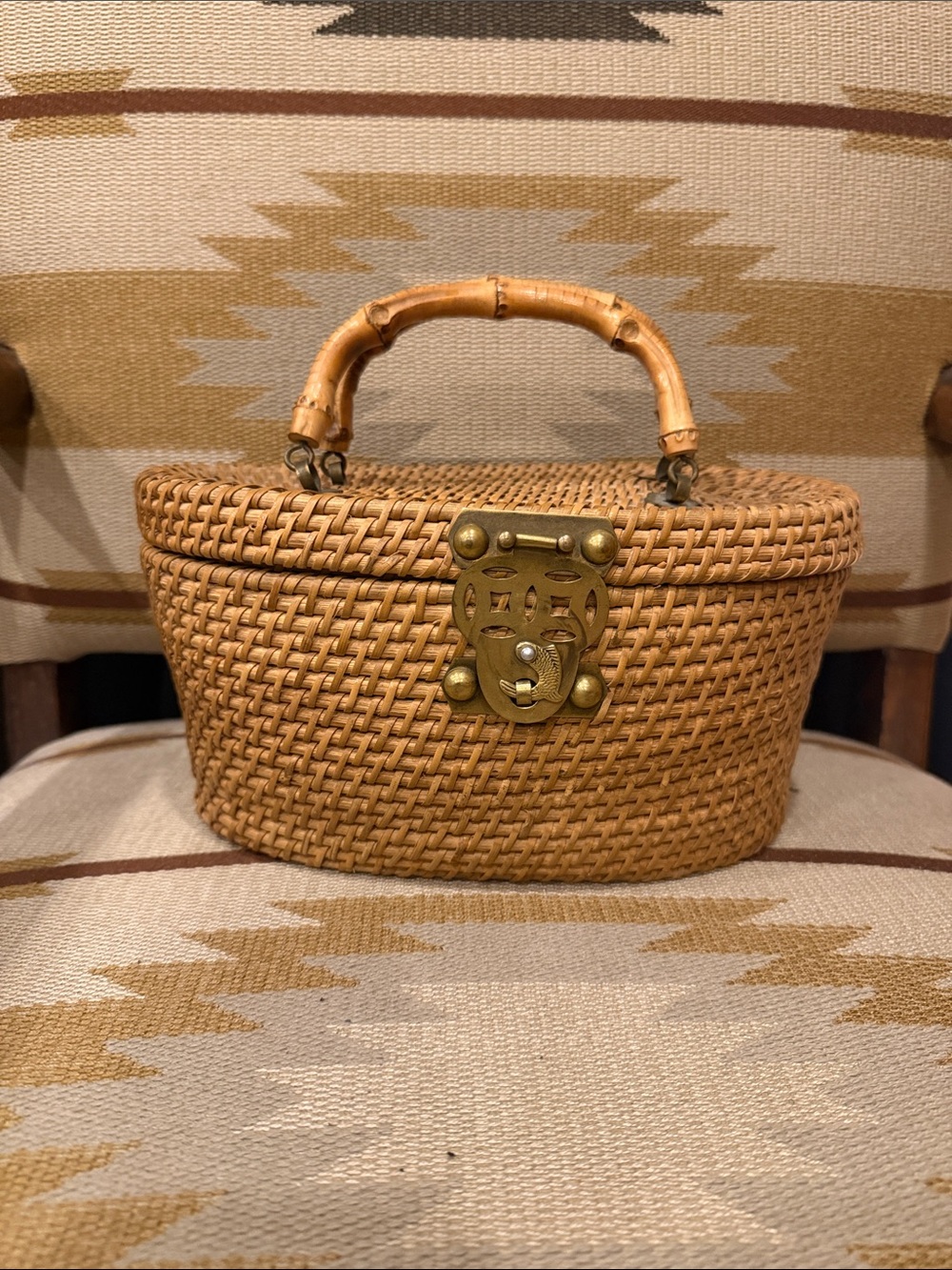 Woven Rattan Handbag with Bamboo Handle - Natural